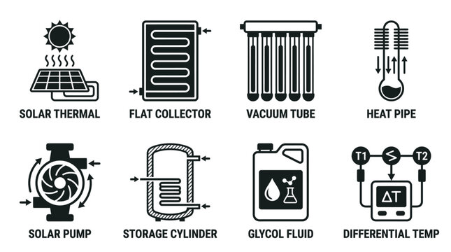 Set of black and white icons for solar thermal heating systems and hydraulic components with collector temperature renewable technology cylinder industrial engineering technical infrastructure