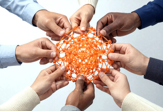 Diverse team of hands working together to build a geometric orange structure symbolizing collaboration and unity