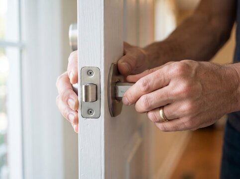 Close-up of a man's hands installing a brushed metal door handle and latch mechanism onto a white wooden interior door during a home renovation project.