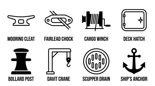 Set of nautical hardware and ship deck equipment icons with nautical equipment hardware maritime transport fairlead collection illustration navigation components infrastructure industrial