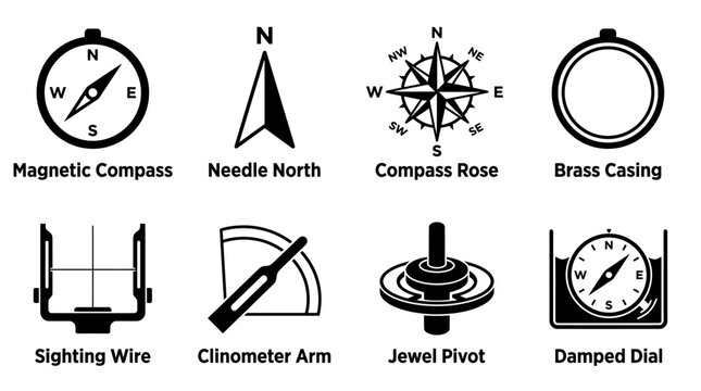 Set of magnetic compass parts and navigational instruments for maritime use in black and white with magnetic navigation nautical maritime instrument sighting clinometer direction orientation
