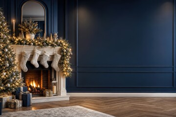 Obraz premium Elegant Christmas fireplace with garland and warm candles