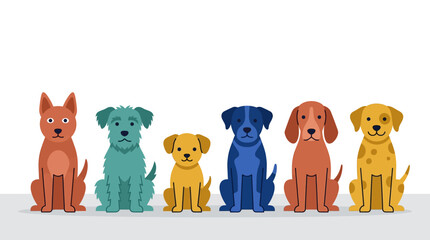 Fototapeta premium Dogs of various breeds sit in a horizontal line against a simple background.
