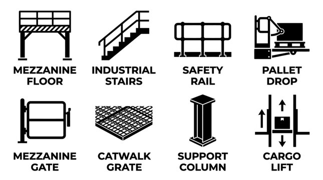 Industrial mezzanine infrastructure and warehouse architecture icon set with mezzanine warehouse industrial infrastructure logistics platform architecture facility building leveling climbing
