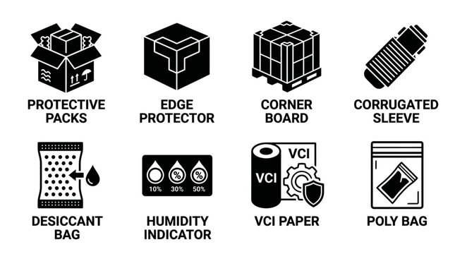 Protective packaging supplies and moisture control materials icons with packaging protective shipping material logistics corrugated desiccant humidity indicator protection moisture delivery