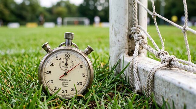 Vintage Mechanical Stopwatch on Green Grass Field Beside Goal Post Net in Soccer Pitch Outdoor Day