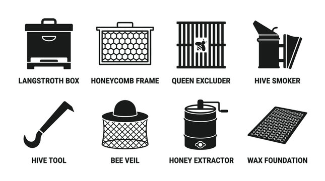 Essential beekeeping equipment icons including hive frame queen excluder smoker honey extractor with beekeeping beekeeper equipment agriculture langstroth excluder extractor foundation