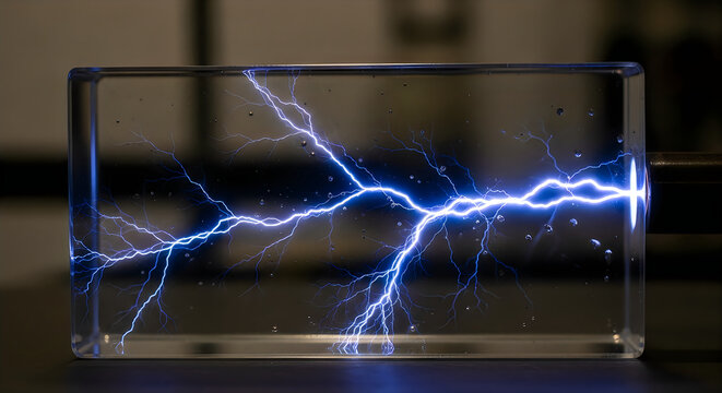 Bright blue electric lightning bolt in a glass tube