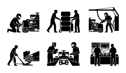 Obraz premium Formula 1 Pit Stop Icons, Racing Car Service, Mechanic Teamwork, Motorsport Mechanics, Automotive Repair Set