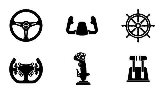 Vector Icons: Steering Wheels, Joysticks, and Control Levers for Navigation and Transport