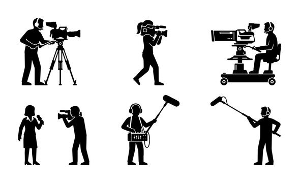 Filmmaking Crew Icons: Camera Operator, Sound Recordist, Director, Video Production Professionals