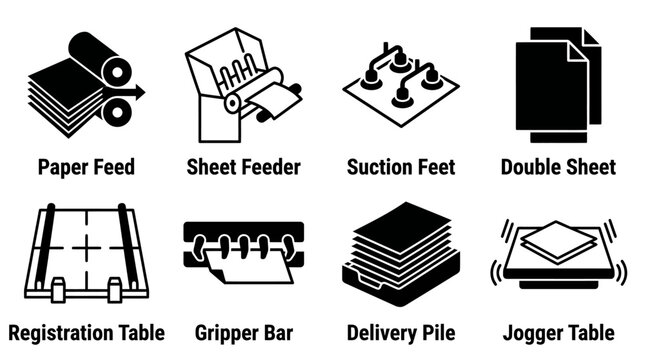 Paper handling and sheet feeding mechanisms for printing machines with printing registration delivery machinery handling mechanical industrial equipment production automation technical