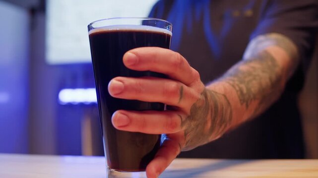 Pouring Craft Beer, Man Bartender pour lager from Tap into Pint Glass at Restaurant Bar Brewery, ipa apa