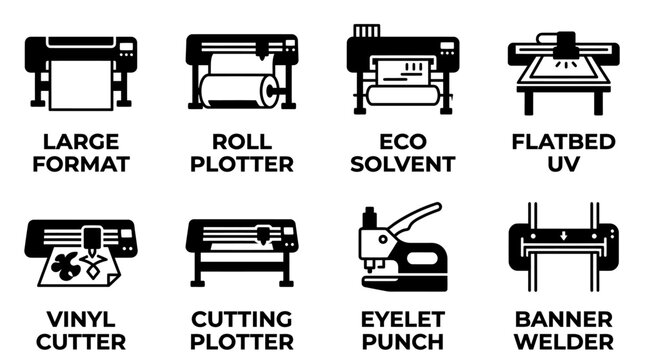Commercial printing and large format signage production machinery icons for print shops with printing machinery graphics production industrial equipment commercial business technology