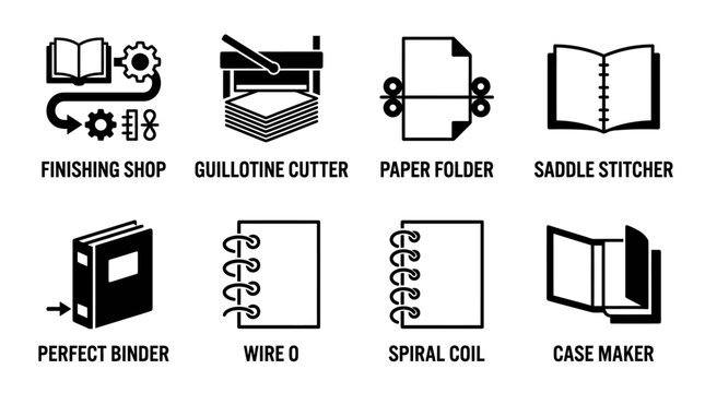 Set of black and white icons representing commercial printing book finishing and bindery methods with printing finishing bookbinding industrial processes guillotine stitcher production