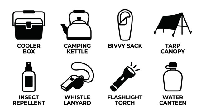 Camping supplies icons featuring cooler kettle bivvy tarp repellent whistle flashlight water canteen supplies repellent flashlight adventure equipment navigation wilderness trekking vacation