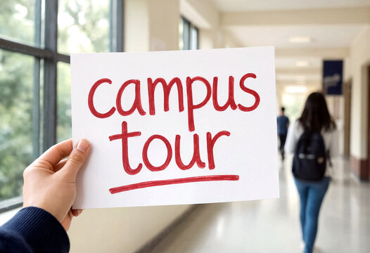 Hand holding campus tour sign in a bright university hallway with students walking by