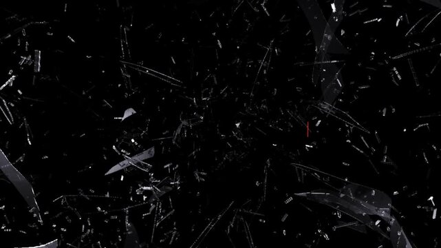Abstract digital motion sequence displaying red text shattering through dark glass surface effects with intense kinetic energy modern technological style