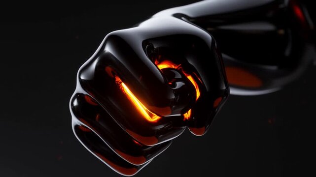 Robotic Glossy Black Fist Clenched with Glowing Orange Energy on Dark Background