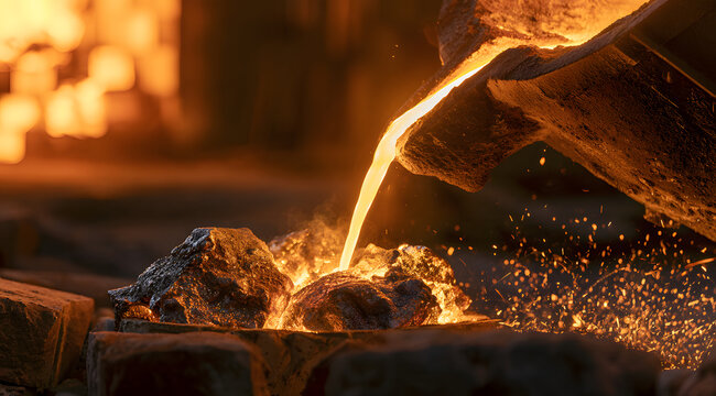 Molten steel cascades from the ladle into the graphite mold, accompanied by flashes of light, streams of slag, and the glowing bricks of the furnace in the foundry