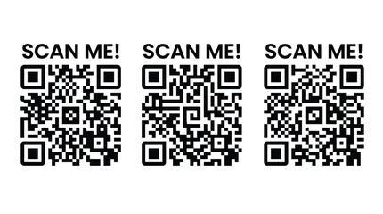 Fototapeta premium QR code vector icon set featuring three scannable digital barcode badges with 