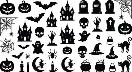 Fototapeta premium Halloween silhouette icons set with bats pumpkins witches and skulls