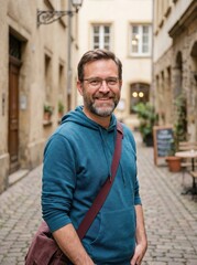 Fototapeta premium Smiling Middle-Aged Man with Glasses and Blue Hoodie Walking in Old European City Street