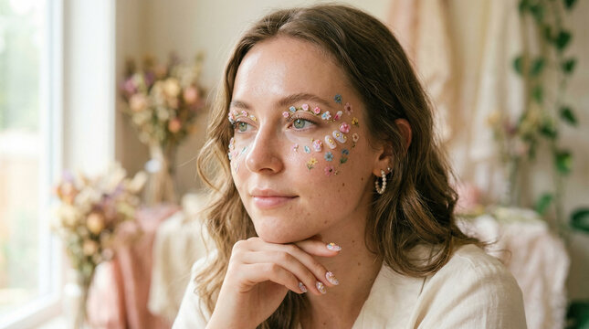 Young woman with creative floral face makeup perfect for spring beauty editorials artistic cosmetic branding or gentle nature themes
