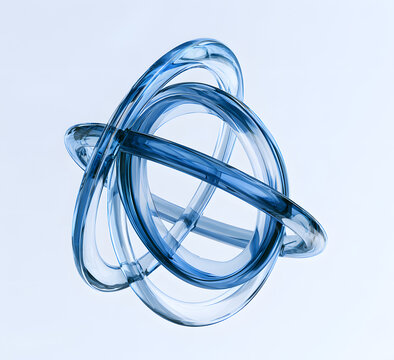 Three-dimensional blue glass rings, atomic structure model, circular lines forming orbital shapes representing speed in space, symbol of modern technology, isolated on a light background, suitable for