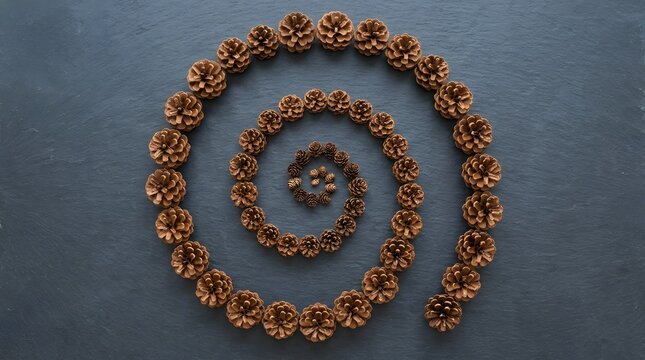 Spiral pattern made of pine cones arranged on a dark grey textured background