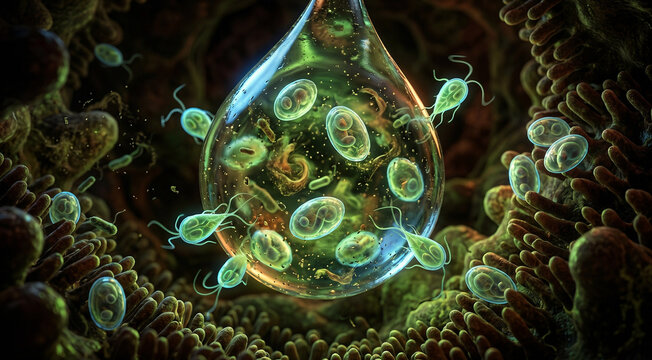 Microscopic parasite outbreak with translucent cysts, flagellated organisms, and a contaminated water droplet spreading digestive infection.
