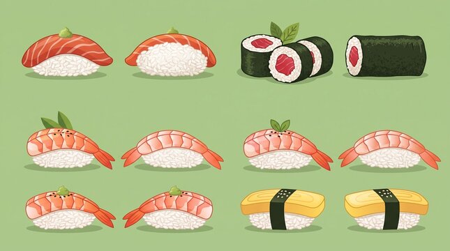 Set of assorted sushi nigiri and maki rolls featuring fresh tuna shrimp and tamago on a green background