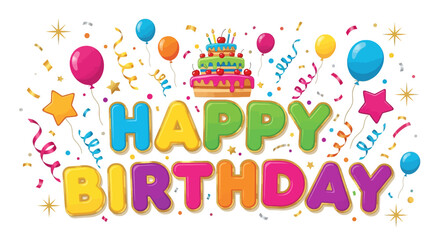 Fototapeta premium Happy Birthday Text with Balloons, Cake & Confetti - Festive Celebration Graphic