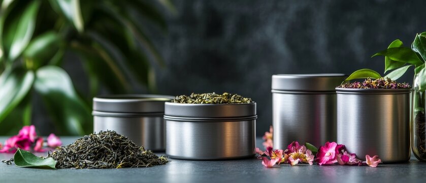 Various tea leaves in metal tins with loose leaves and flowers, set against a green plant background