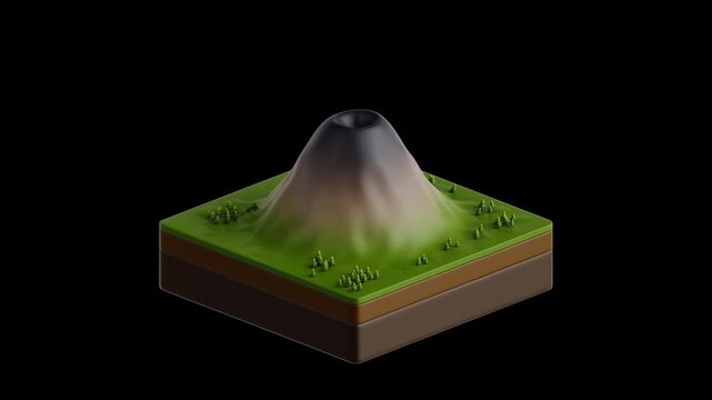 Erupting volcano in an isometric style, releasing volcanic ash into the air. 3D animated video with a transparent background, suitable as a video overlay for presentations, and natural disaster themes
