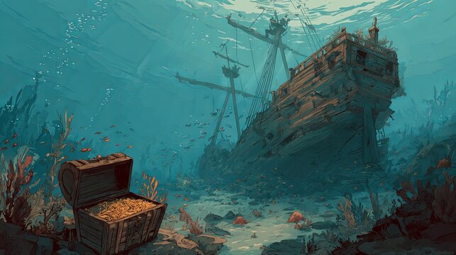 Ancient wooden shipwreck rests peacefully on the sandy ocean floor beside an open treasure chest filled with sparkling gold coins