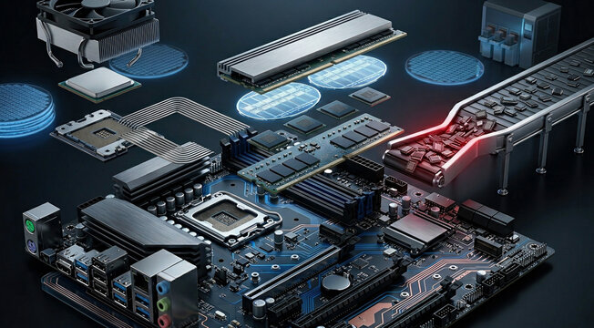 Exploded motherboard cutaway with floating dram modules, empty dimm slots, silicon wafers, and chip parcel bottleneck symbolizing semiconductor supply pressure.