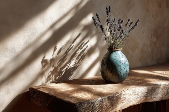 Dried lavender in a ceramic vase sits on a rustic bench. Ideal for showcasing peaceful home decor and rustic interior aesthetics.