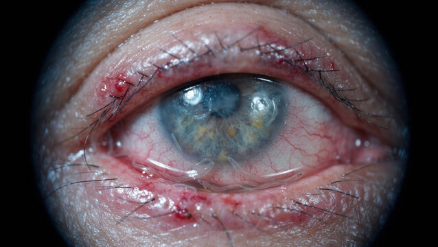 Inflamed eye with tear film parasites and surgical sutures closing the eyelids, an ophthalmology pathology and infection concept.