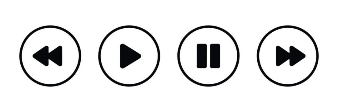 Media transport control icon set featuring playback navigation symbols for music, video, streaming platforms, digital devices, and modern interface designs