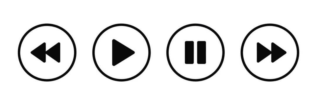Media transport control icon set featuring play, pause, next, and previous symbols for audio, video, streaming, and digital interfaces