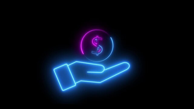 Glowing neon line dollar and hand icon isolated dollar and left hand come position . salary money, invest finance, black background.