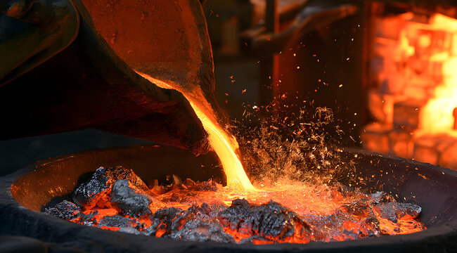 Molten steel was being poured from a ladle into a graphite mold, accompanied by sparks, slag, and the glowing bricks of the foundry furnace