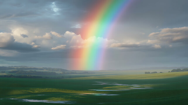 A vibrant rainbow arching over a vast, rolling green field with small pools of water reflecting the dramatic, stormy sky, creating a powerful contrast between the dark clouds and the bright colors