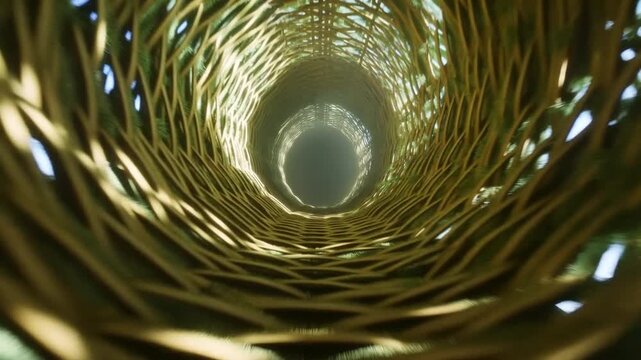 Moving Forward Through Woven Bamboo Tunnel Toward Bright Light at the End