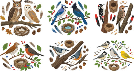 Obraz premium Diverse Bird Pairings in Natural Settings with Nesting Elements Vector Illustration