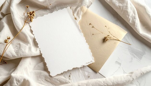 Blank deckled edge paper card with dried floral sprig and vintage envelope on soft textile background, wedding stationery mockup