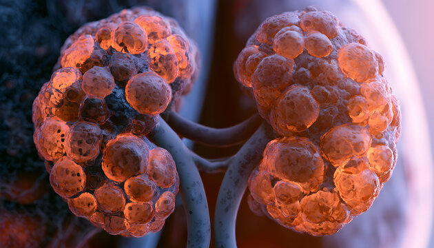 Polycystic kidney disease and internal organ pathology. Renal disorders and nephrology diagnostics. Scientific render displaying human kidneys covered in enlarged fluid cysts