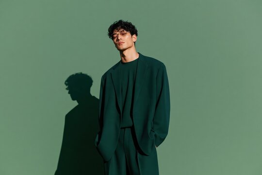 Young male model in oversized green suit with strong cast shadow for minimalist backdrop and fashion portfolio