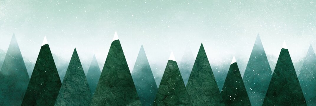 Wide minimal winter pine skyline background with layered trees and snowfall for christmas banner and panoramic wallpaper design